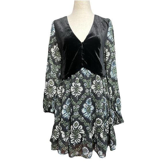 Zara Mini Floral Dress Velvet Vest Layered Sz S Babydoll Whimsigoth Fall Dress - Picture 1 of 8